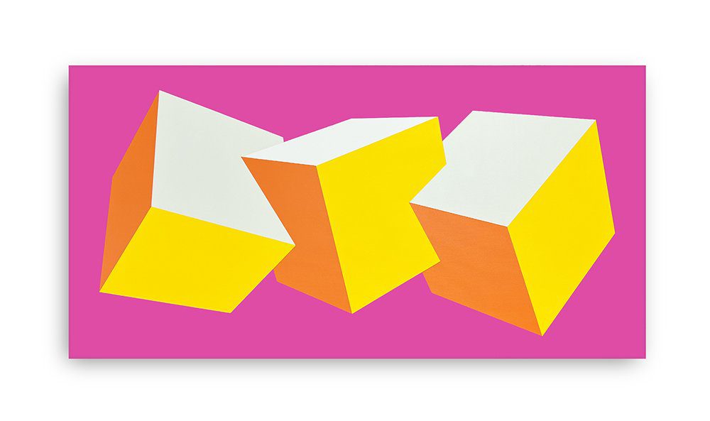 CUBES I (PINK) | 18″ x 36″, acrylic on canvas by Gina Julian | $1,300